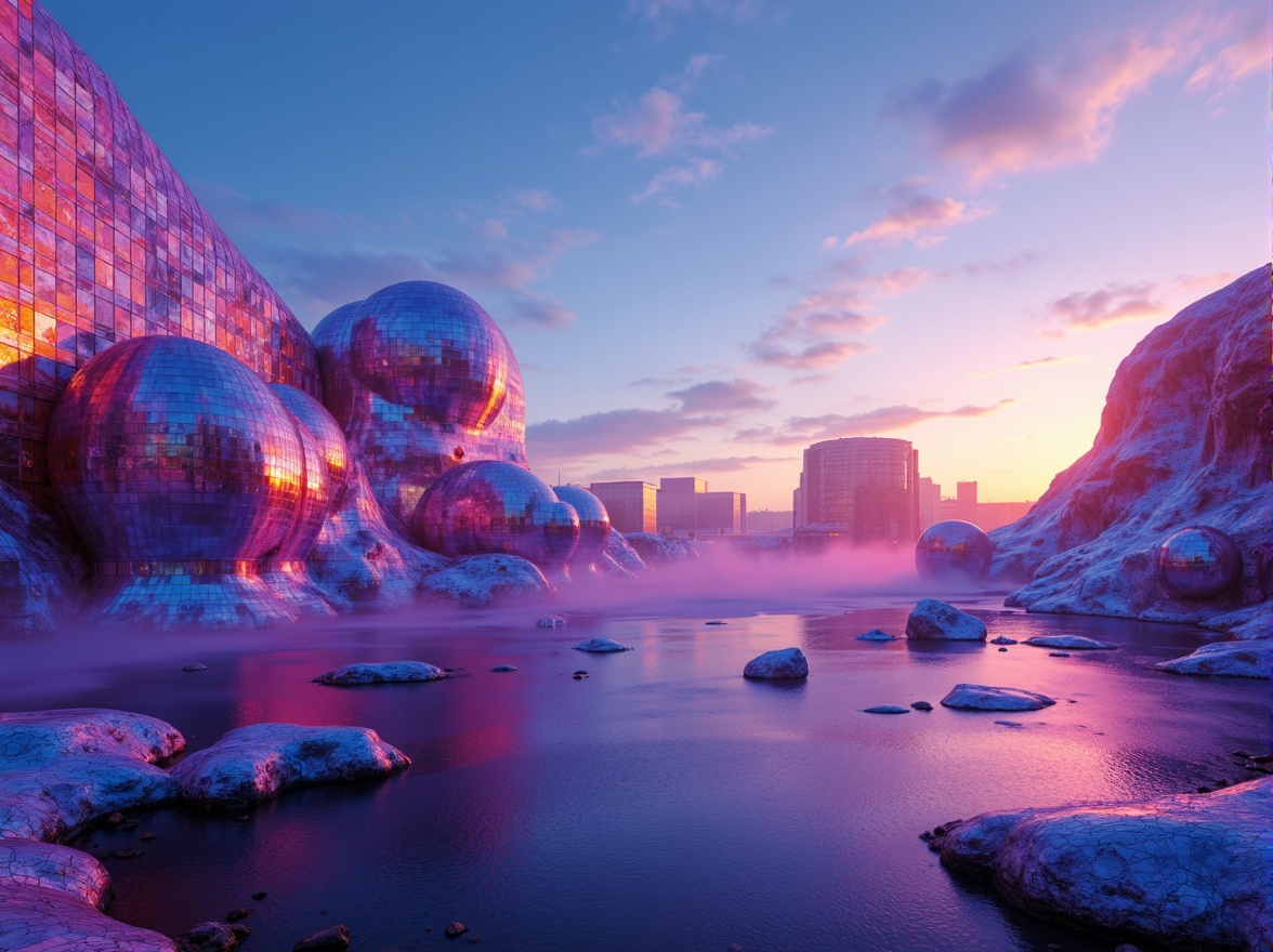 Prompt: Vibrant futuristic blobs, neon-lit cityscape, iridescent hues, shimmering metallic surfaces, pastel-colored mist, luminescent accents, electric blue skies, glowing purple landscapes, radiant orange sunsets, soft pink fog, high-contrast color scheme, bold geometric patterns, abstract expressionist brushstrokes, low-poly 3D models, atmospheric perspective, cinematic lighting effects, futuristic sci-fi ambiance.