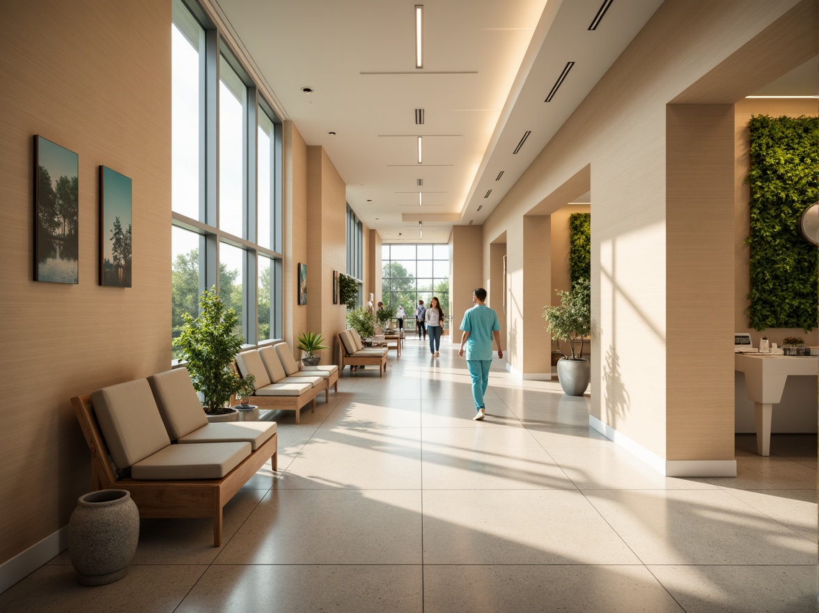 Prompt: Soothing hospital corridors, warm beige walls, gentle cove lighting, soft pastel colors, calming ambiance, natural daylight, floor-to-ceiling windows, minimal shadows, comforting nurse stations, modern medical equipment, sleek stainless steel, subtle color temperature transitions, relaxing waiting areas, vibrant greenery, living walls, acoustic comfort, noise reduction systems, 1/1 composition, symmetrical balance, warm gentle illumination, shallow depth of field.