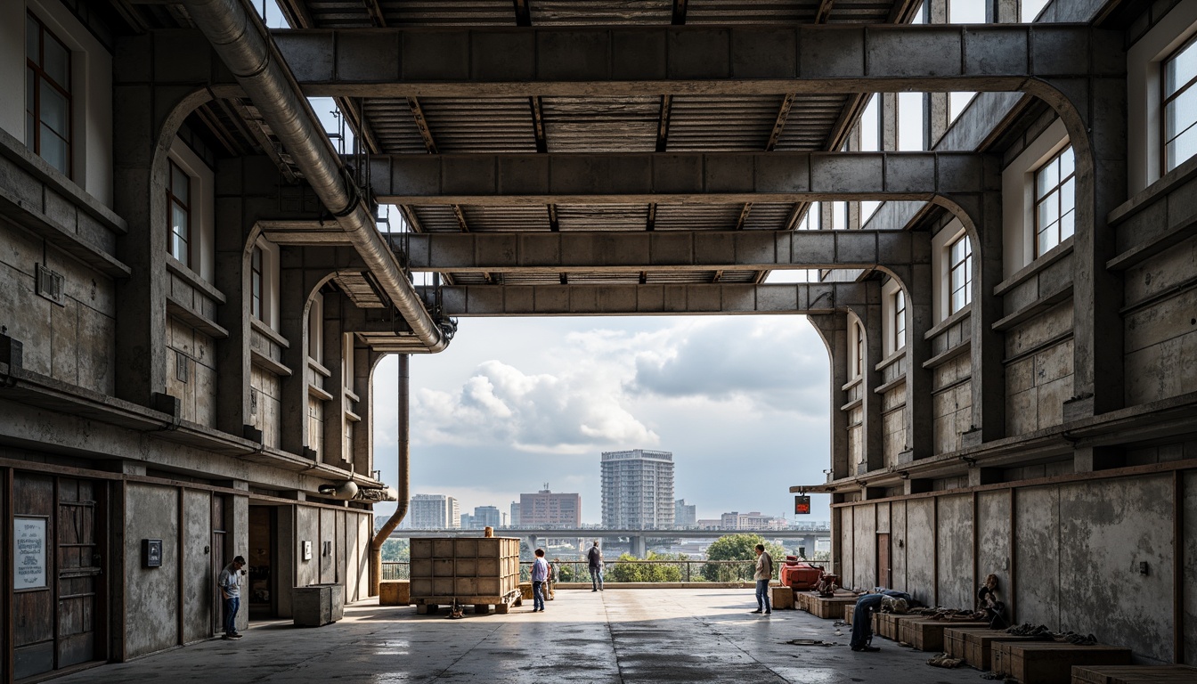 Prompt: Industrial warehouse, steel beams, exposed ductwork, metal columns, reinforced concrete foundations, rugged industrial textures, neutral color palette, overhead cranes, mechanical equipment, urban cityscape, cloudy sky, soft diffused lighting, shallow depth of field, 2/3 composition, realistic metallic reflections, ambient occlusion.