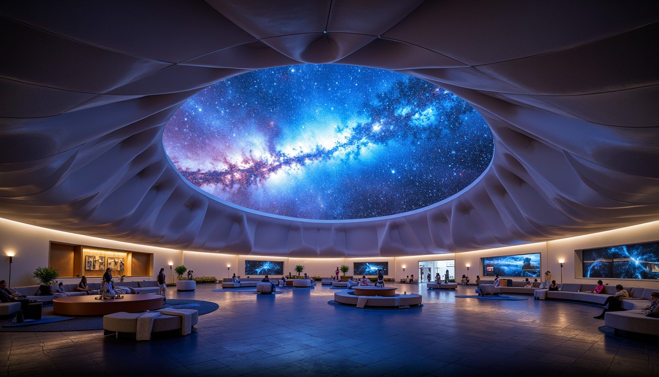 Prompt: Celestial planetarium dome, futuristic organic architecture, curvaceous lines, translucent membranes, starry night sky, vibrant nebulae, misty atmospheric effects, soft ethereal lighting, 3D projection mapping, immersive cinematic experience, surround sound systems, cozy seating areas, interactive exhibits, astronomy-inspired patterns, glowing constellation displays, ambient occlusion, shallow depth of field, panoramic view, realistic textures.