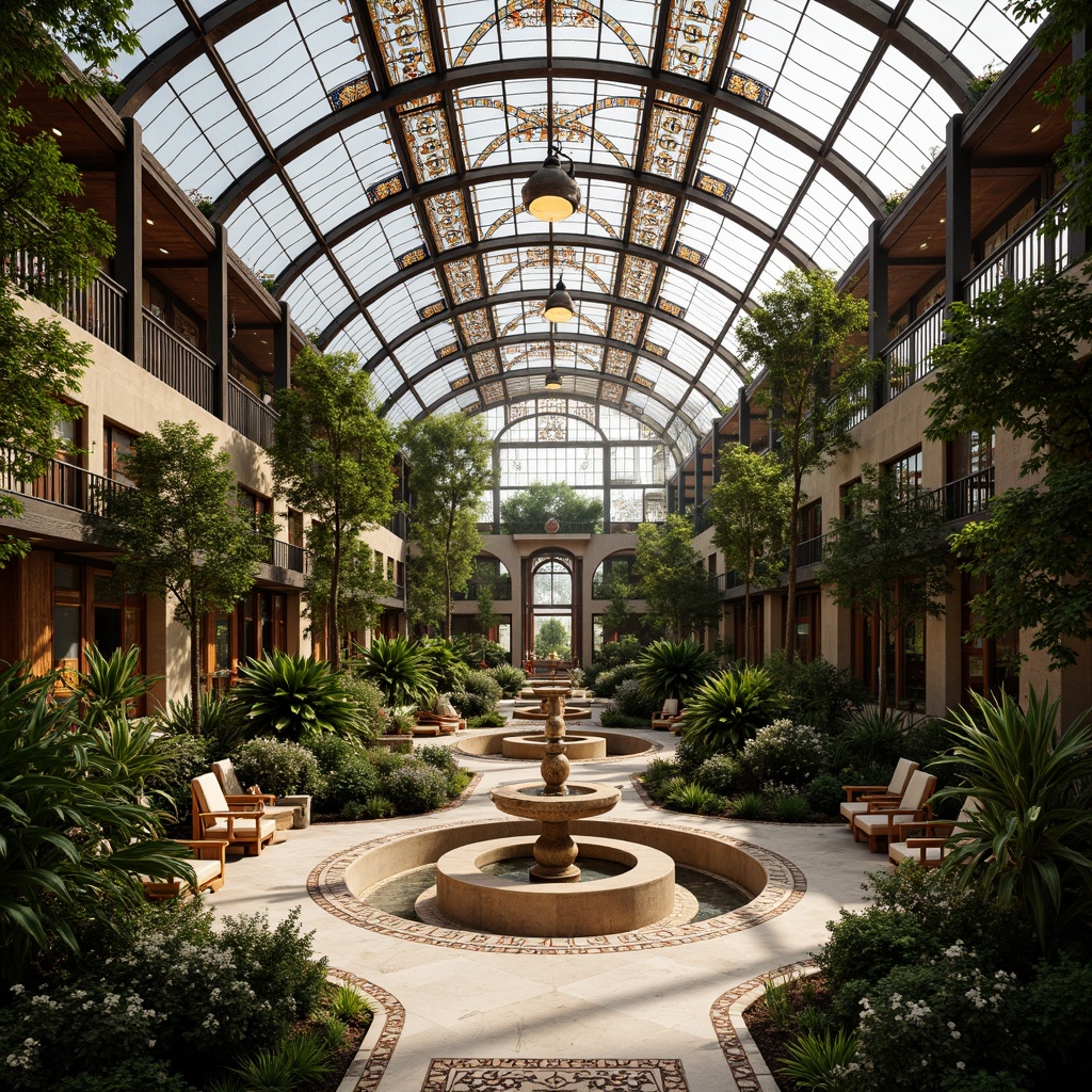 Prompt: Luxurious Art Deco greenhouse, ornate metal frameworks, stained glass roofs, elegant wooden accents, rich greenery, exotic plants, polished marble floors, intricate mosaics, ornamental fountains, soft warm lighting, shallow depth of field, 3/4 composition, panoramic view, realistic textures, ambient occlusion.