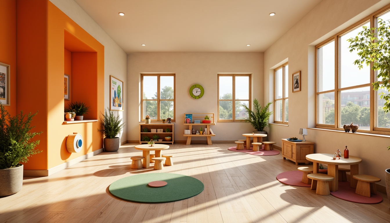 Prompt: Vibrant kindergarten, playful orange accents, soft beige walls, natural wood furniture, rounded shapes, whimsical illustrations, educational toys, circular tables, tiny chairs, colorful rugs, artificial turf, lively atmosphere, warm sunny lighting, shallow depth of field, 1/1 composition, realistic textures, ambient occlusion.