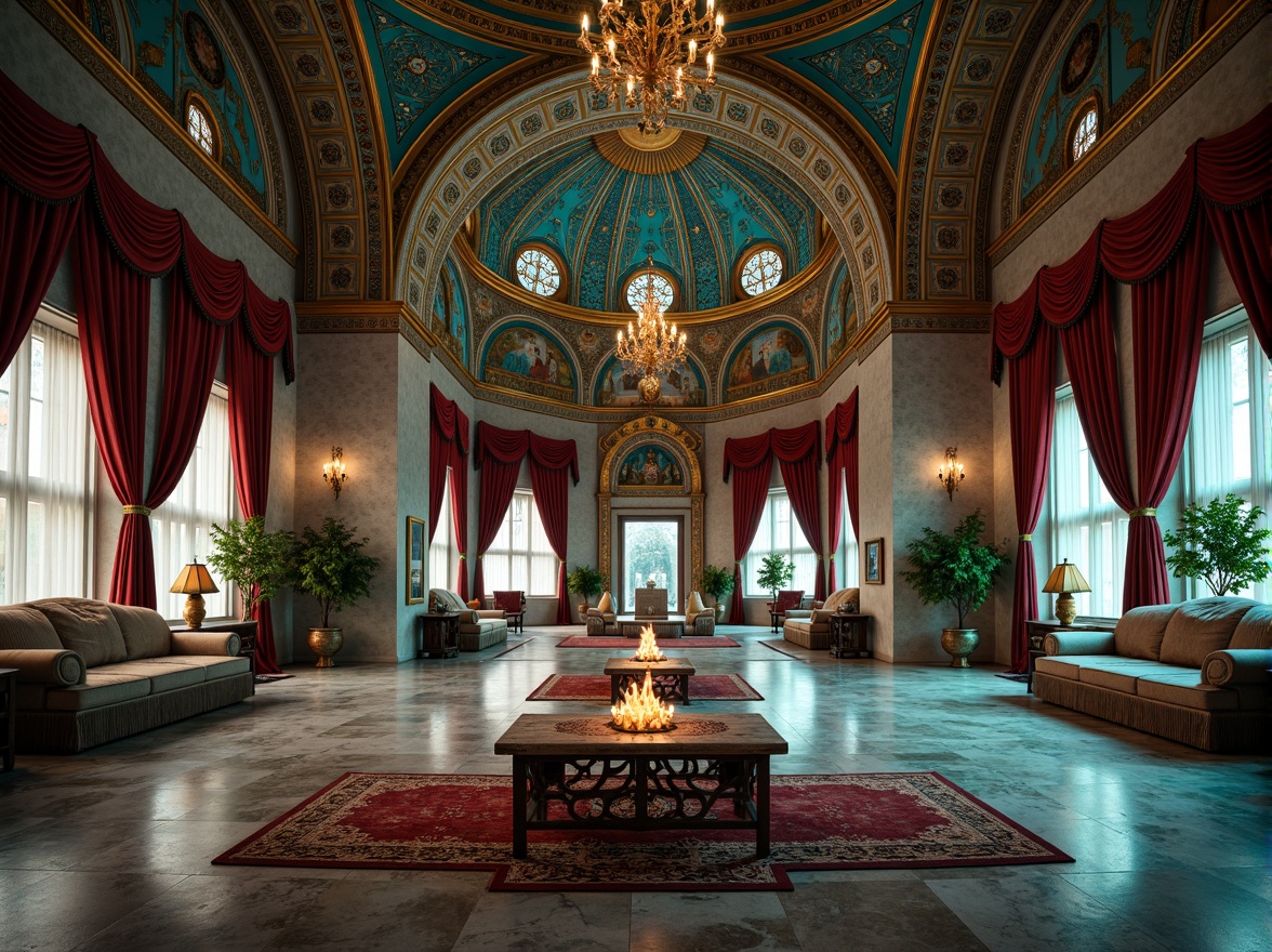 Prompt: Byzantine-style palace, intricately patterned mosaics, azure domes, golden accents, ornate archways, lavish furnishings, rich velvet drapes, gleaming marble floors, intricate frescoes, vibrant turquoise highlights, warm candlelight, mystical ambiance, soft focus, 1/1 composition, high dynamic range, realistic reflections, subtle texture details.