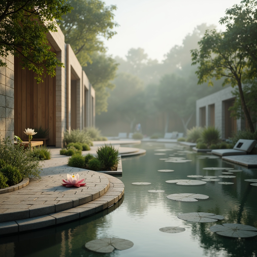 Prompt: Soft misty atmosphere, calming serenity, gentle water features, peaceful lotus flowers, soothing greenery, natural stone walls, wooden accents, creamy whites, pale blues, muted greens, earthy browns, warm beige tones, subtle texture overlays, shallow depth of field, 1/1 composition, softbox lighting, realistic reflections.