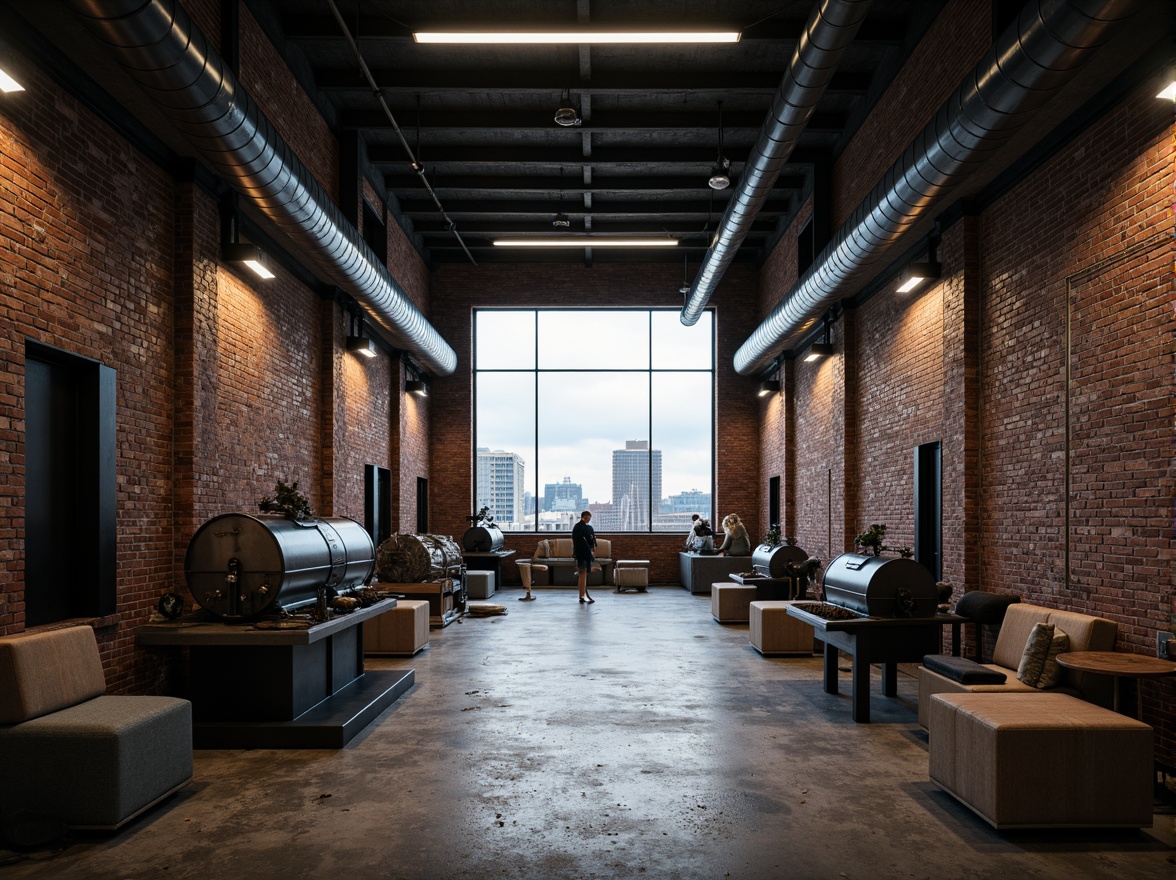 Prompt: Exposed brick walls, metal pipes, industrial machinery, distressed concrete floors, minimalist decor, functional lighting fixtures, steel beams, urban cityscape, overcast sky, dramatic shadows, high contrast lighting, 1/1 composition, symmetrical framing, bold typography, geometric patterns, primary color palette, functional simplicity, raw textures, brutalist architecture, utilitarian aesthetic.