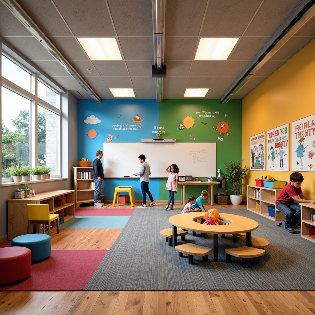 Prompt: Vibrant kindergarten, playful classroom, bold color accents, educational murals, interactive whiteboards, modular furniture, ergonomic chairs, abundant natural light, open floor plans, collaborative learning areas, inspirational quotes, stimulating artwork, motivational posters, dynamic lighting systems, warm wooden textures, soft carpeted floors, cozy reading nooks, lively corridors, 1/1 composition, shallow depth of field, realistic rendering.