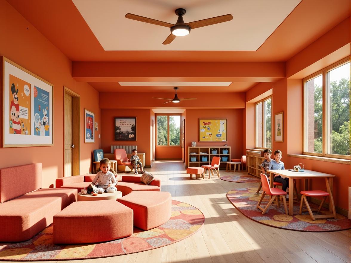 Prompt: Vibrant kindergarten interior, warm orange hues, playful atmosphere, rounded furniture shapes, soft cushions, educational posters, colorful storage bins, kid-friendly artwork, natural wood accents, creamy whites, stimulating learning environment, creative play areas, energetic coral tones, whimsical patterned rugs, gentle warm lighting, shallow depth of field, 1/1 composition, inviting entranceways.