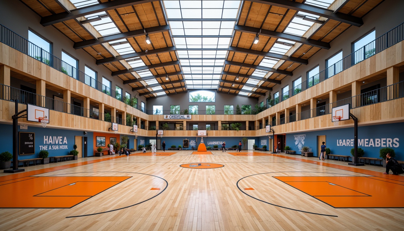 Prompt: Modern gymnasium interior, high ceilings, wooden flooring, athletic tracks, basketball courts, exercise equipment, motivational quotes, vibrant color schemes, energetic ambiance, softbox lighting, LED strips, dimmable lights, natural daylight, clerestory windows, large skylights, diffused indirect lighting, 1/1 composition, symmetrical framing, warm white tones, realistic textures, subtle shadows.