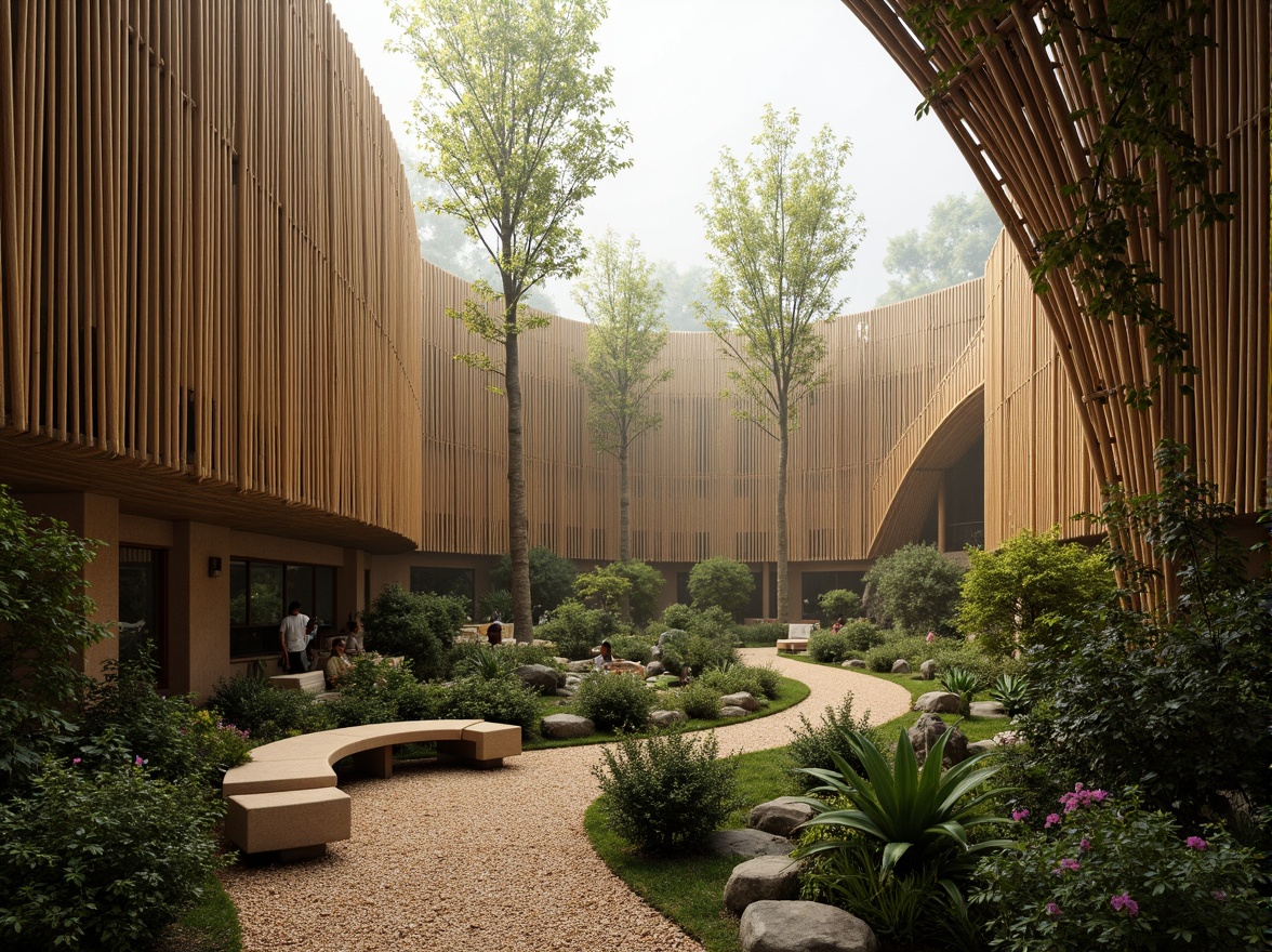 Prompt: Organic bamboo structures, natural curves, earthy tones, woven patterns, sustainable materials, eco-friendly design, tropical surroundings, lush greenery, misty atmosphere, soft warm lighting, shallow depth of field, 3/4 composition, panoramic view, realistic textures, ambient occlusion.