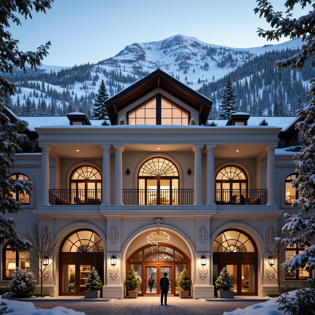 Prompt: Majestic ski resort, snow-capped mountains, frosty windows, grand entrance halls, ornate columns, symmetrical facades, classical arches, carved wooden doors, intricate stone carvings, rustic metal railings, snowflake-inspired ornaments, warm golden lighting, shallow depth of field, 1/1 composition, panoramic view, realistic textures, ambient occlusion.