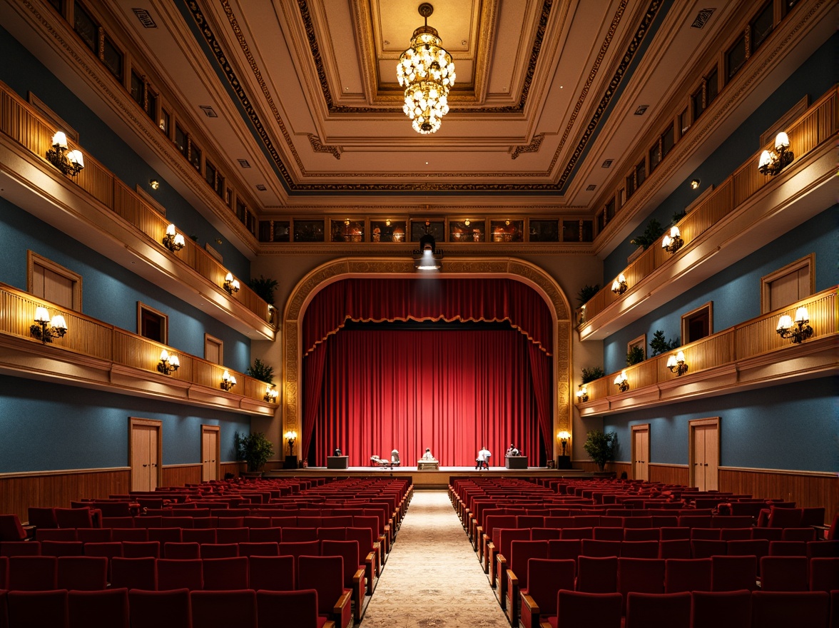 Prompt: Grand auditorium, luxurious velvet seats, rich wood accents, golden lighting fixtures, ornate balconies, lavish drapery, majestic stage, professional sound equipment, crimson red curtains, deep blue walls, warm beige floors, elegant chandeliers, sophisticated architectural details, dramatic spotlights, soft warm glow, 1/1 composition, realistic textures, ambient occlusion.