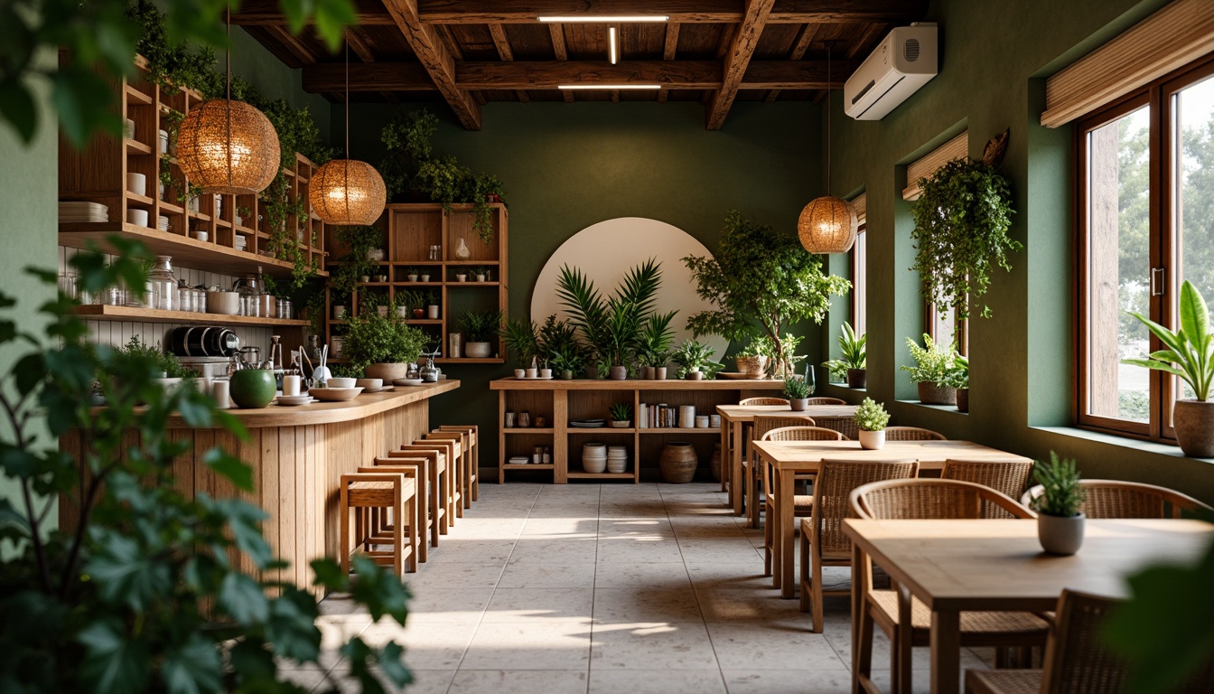 Prompt: Cozy coffee shop, reclaimed wood accents, living green walls, natural stone flooring, earthy tone color scheme, wooden tables, rattan chairs, woven bamboo decorations, pendant lamps, organic shape counters, lush potted plants, warm ambient lighting, shallow depth of field, 2/3 composition, inviting atmosphere, nature-inspired textures, soft focus blur.