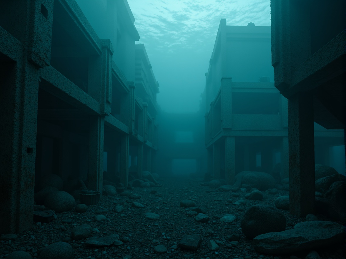 Prompt: Dark mysterious ocean depths, low-key cyan hues, subtle gradient effects, eerie underwater ambiance, bioluminescent accents, mysterious sea creatures, abandoned underwater ruins, rusted metallic textures, foggy misty atmosphere, soft diffused lighting, cinematic composition, shallow depth of field, realistic water simulations.