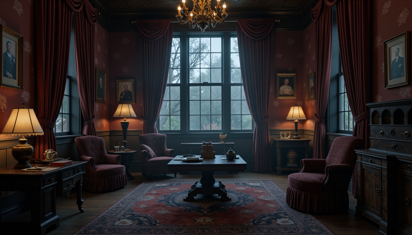 Prompt: Dark academia, mysterious ambiance, rich wood tones, ornate furnishings, luxurious fabrics, deep berry hues, midnight blues, charcoal grays, warm candlelight, dramatic shadows, heavy drapery, vintage artifacts, antique furniture, mystical symbols, eerie silence, foggy atmosphere, low-key lighting, cinematic composition, moody textures, subtle grain.