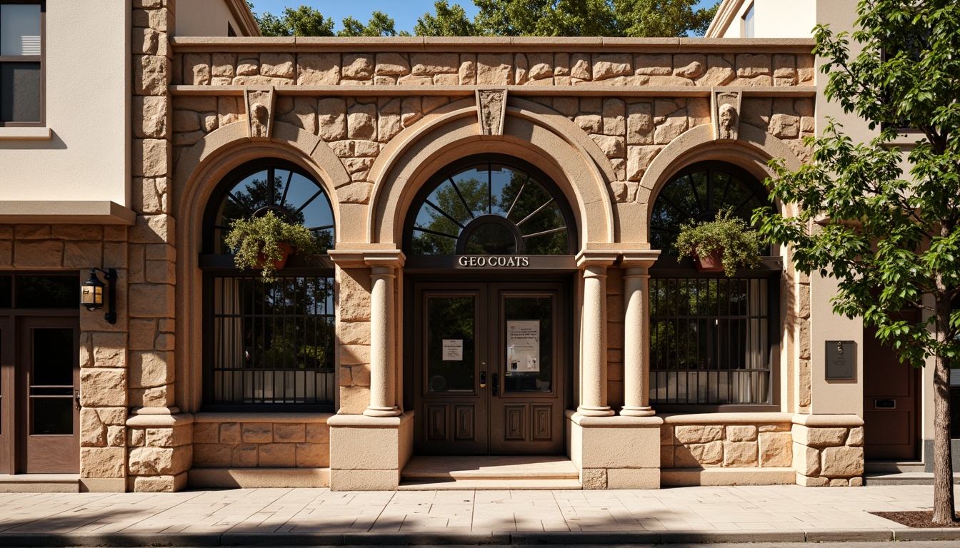 Prompt: Rustic stone fa\u00e7ade, arched windows, ornate metal doors, classical columns, intricate stonework patterns, earthy color palette, regional banking institution, small-town charm, warm sunny day, soft natural lighting, shallow depth of field, 1/2 composition, symmetrical framing, realistic textures, ambient occlusion, detailed architectural ornaments, subtle weathering effects.