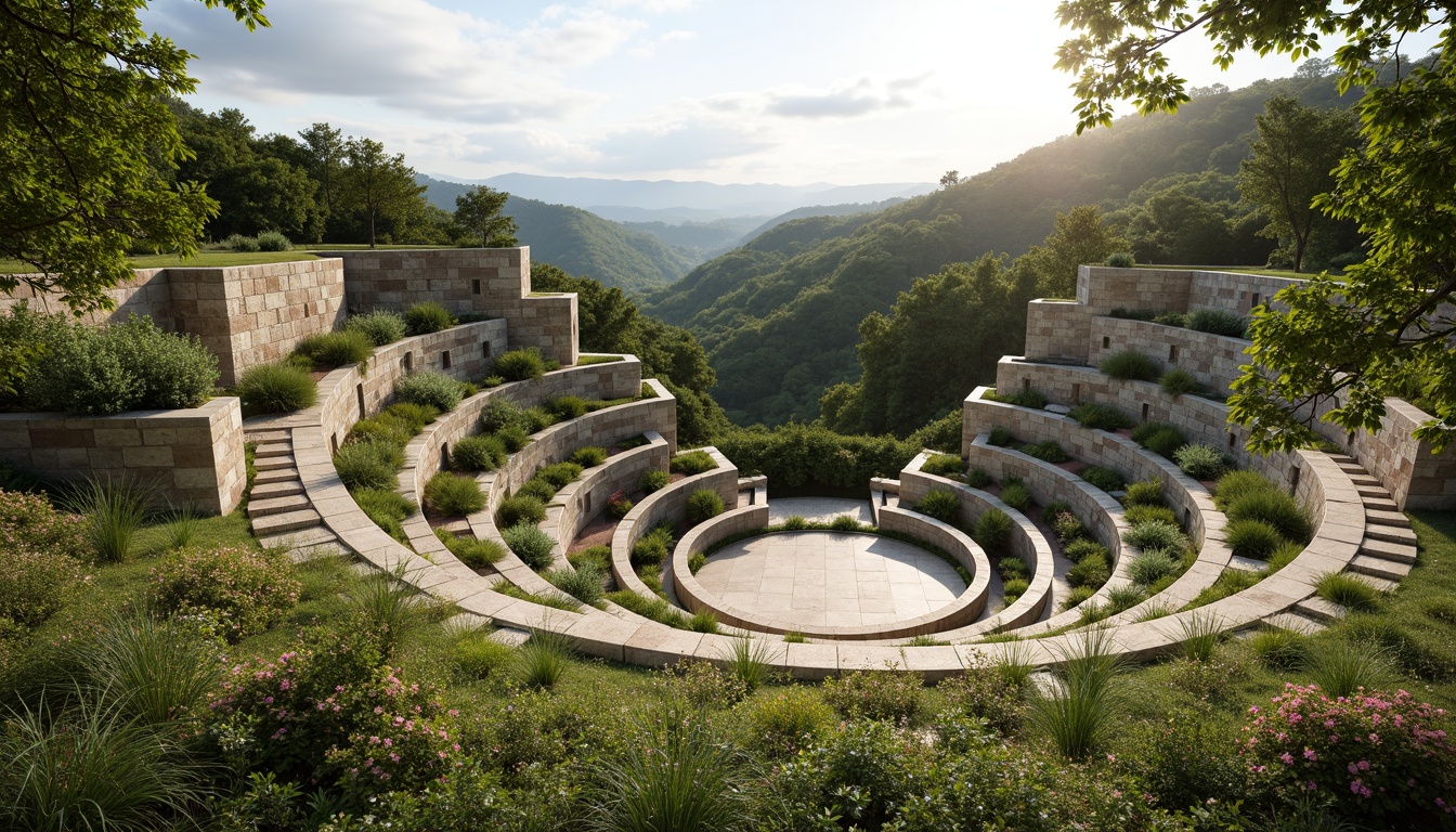 Prompt: Natural amphitheater setting, lush green hillsides, tiered seating areas, curved walkways, rustic stone walls, wooden benches, native plant species, wildflowers, meandering streams, water features, scenic overlooks, panoramic views, warm sunlight, soft shadows, gentle breeze, 3/4 composition, symmetrical balance, natural textures, earthy color palette.