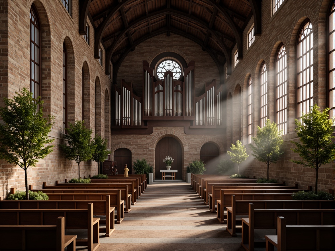 Prompt: Historic church architecture, rustic stone walls, weathered masonry textures, Gothic arches, stained glass windows, ornate wooden pews, grand pipe organs, vaulted ceilings, subtle natural lighting, warm earthy tones, distressed brick facades, ivy-covered exterior walls, serene atmospheric mist, soft diffused light, 1/2 composition, symmetrical framing, realistic weathering effects.