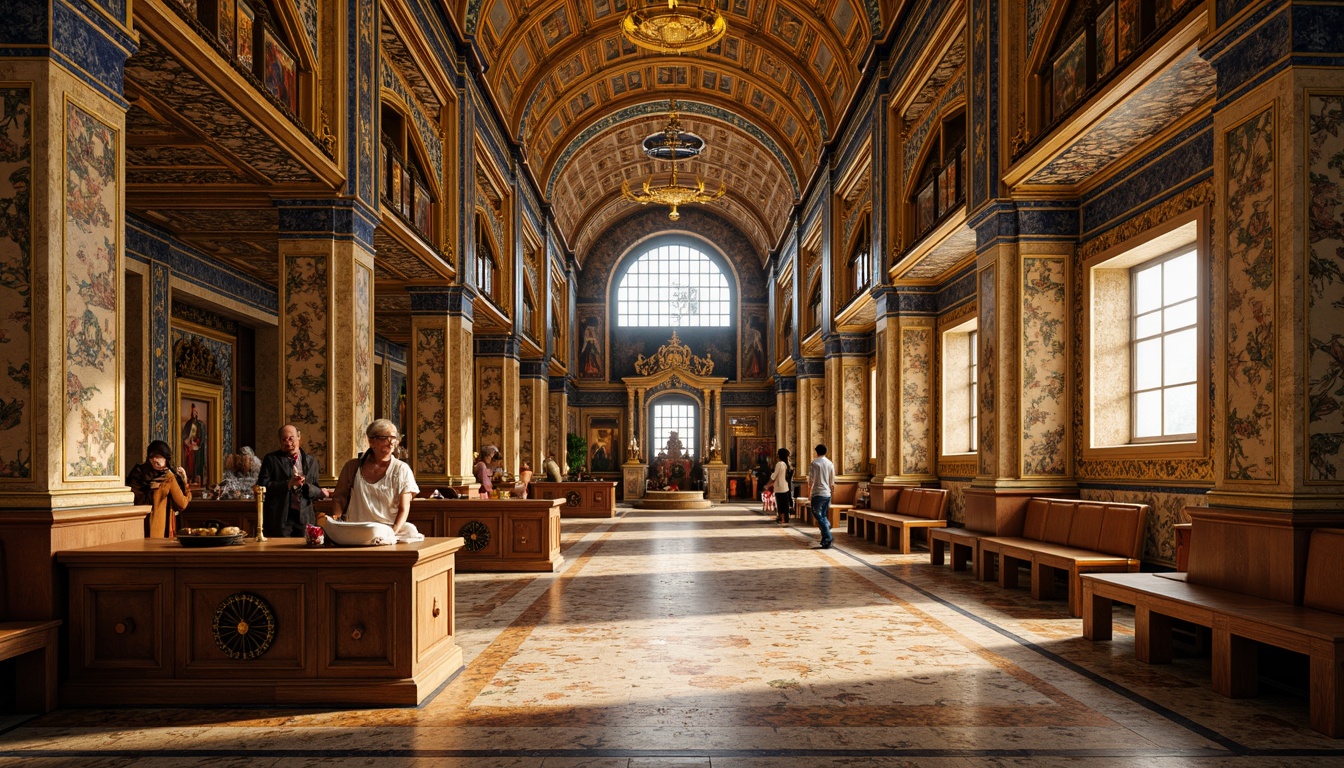 Prompt: Golden Byzantine church interior, intricate mosaic patterns, shimmering glass tiles, vibrant colors, ornate marble floors, grand dome architecture, exquisite iconography, richly textured fabrics, warm soft lighting, dramatic shadows, high-angle composition, symmetrical framing, realistic reflections, ambient occlusion.