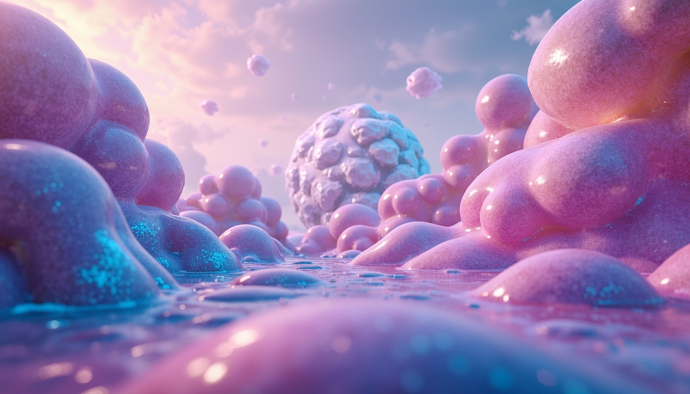 Prompt: Vibrant blob-like structures, iridescent colors, shimmering effects, neon hues, pastel shades, metallic accents, glossy finishes, futuristic ambiance, surreal landscapes, misty atmospheres, soft focus, dreamy lighting, 3/4 composition, abstract shapes, organic forms, flowing curves, wispy tendrils, glowing edges, luminous auras.