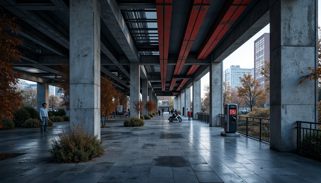 Prompt: Exposed concrete structures, industrial metal beams, rugged urban landscapes, electric vehicle charging points, bold color schemes, deep blues, raw reds, neutral grays, weathered steel accents, distressed textures, modernist typography, futuristic lighting systems, angular architecture, abstract geometric patterns, high-contrast shading, dramatic ambient occlusion, cinematic atmosphere, wide-angle lens, shallow depth of field, 2/3 composition.