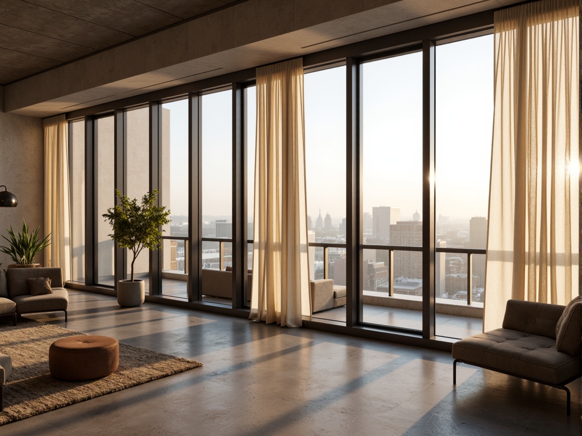 Prompt: Floor-to-ceiling windows, modern minimalist frames, soft flowing curtains, natural linen fabrics, billowy drapes, subtle patterns, sheer panels, transparent glass walls, reflective metallic accents, industrial chic aesthetics, urban cityscape views, morning sunlight, warm golden lighting, shallow depth of field, 1/2 composition, panoramic view, realistic textures, ambient occlusion.