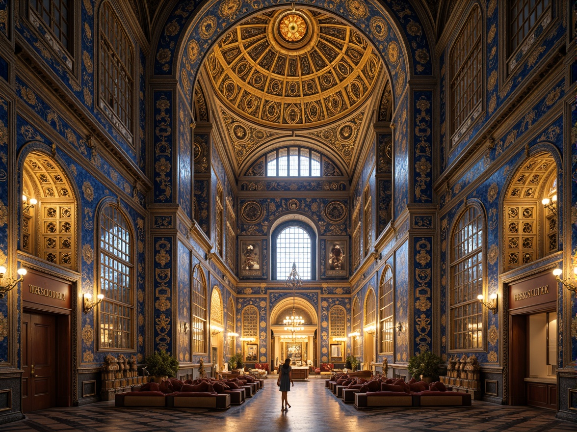 Prompt: Intricate mosaics, golden tesserae, vivid blue hues, ornate patterns, Byzantine-inspired architecture, grand domes, majestic arches, lavish decorations, opulent interiors, richly textured walls, shimmering marble floors, solemn atmosphere, soft warm lighting, dramatic shadows, 3/4 composition, realistic textures, ambient occlusion.