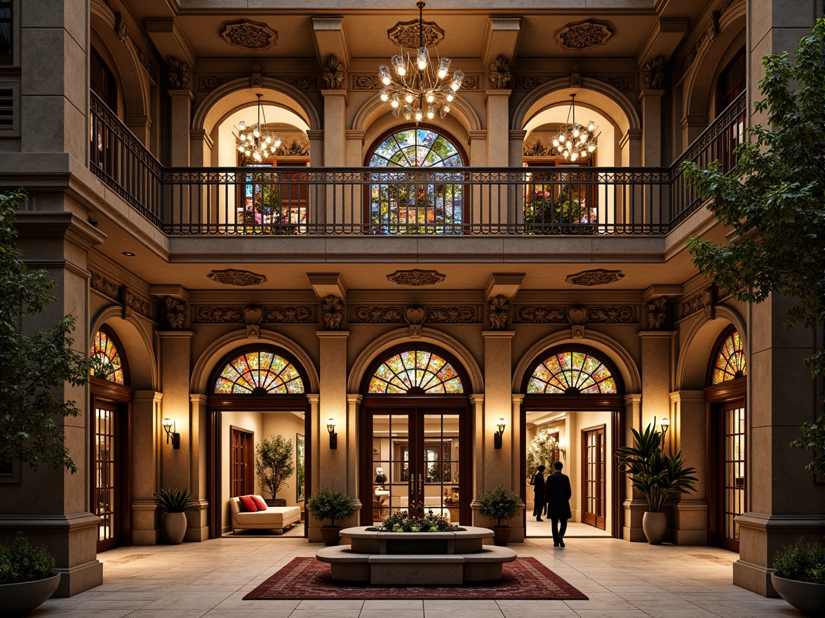 Prompt: Ornate facade, intricate stonework, grand entrance, decorative columns, ornamental railings, lavish balconies, carved wooden doors, stained glass windows, vibrant tile mosaics, elegant archways, luxurious chandeliers, refined moldings, sophisticated color palette, rich textures, subtle lighting accents, atmospheric ambiance, 1/2 composition, shallow depth of field, warm golden lighting, realistic material rendering.