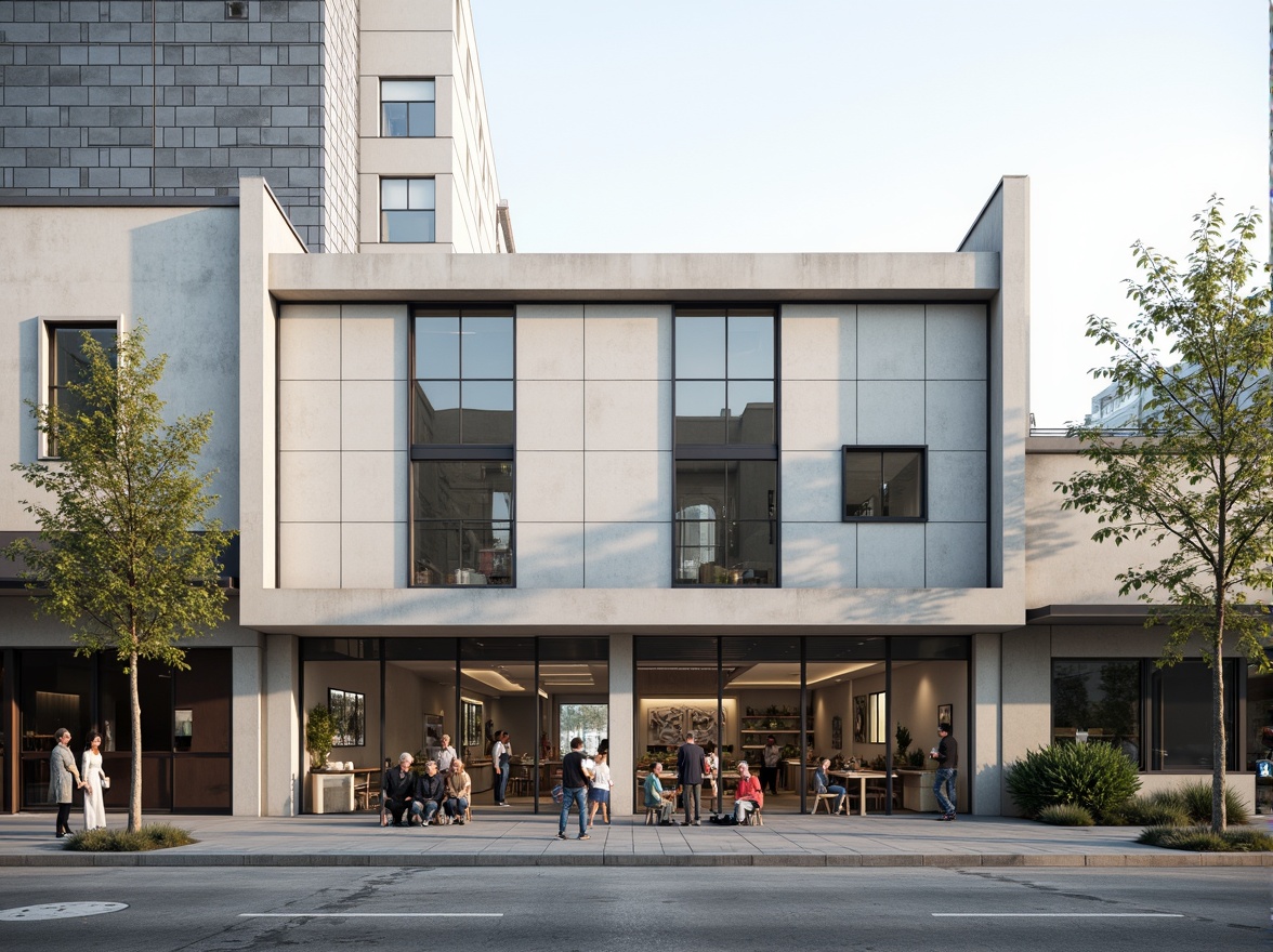 Prompt: Minimalist market facade, neutral color palette, clean lines, simple shapes, flat roofs, large glass windows, metal frames, industrial materials, urban atmosphere, busy streets, morning light, soft shadows, 1/1 composition, realistic reflections, subtle textures, ambient occlusion.