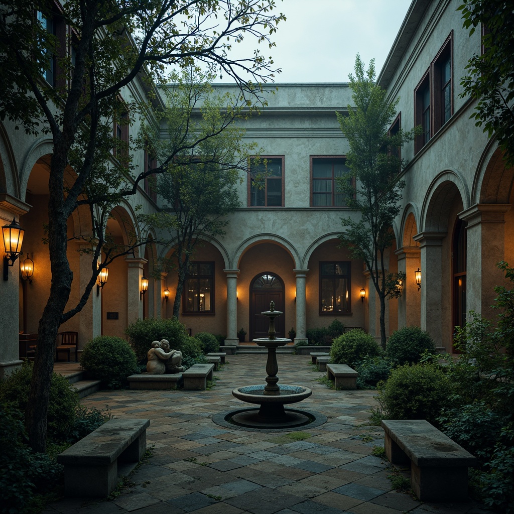 Prompt: \Mysterious office courtyard, overgrown ivy, twisted tree branches, stone Gothic arches, intricate carvings, ornate fountains, misty atmosphere, dim warm lighting, shallow depth of field, 1/2 composition, panoramic view, realistic textures, ambient occlusion, dark mysterious colors, moss-covered statues, weathered stone benches, grand entrance gates, symmetrical pathways, eerie fog effects.\