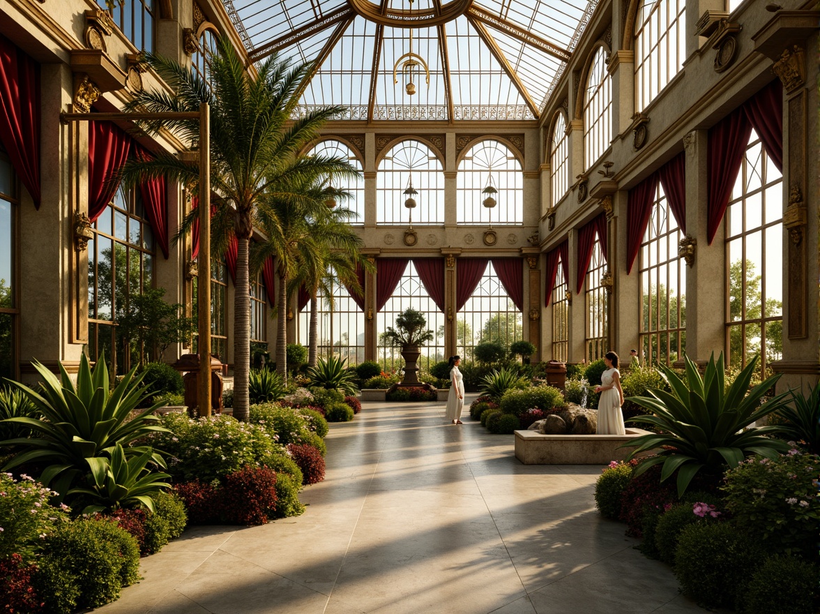 Prompt: Art Deco greenhouse, lush tropical plants, ornate metal frames, stained glass windows, intricate geometric patterns, warm golden lighting, softbox diffusers, pendant lamps, bronze fixtures, luxurious velvet drapes, polished marble floors, ornamental fountains, exotic palm trees, sunny day, shallow depth of field, 1/1 composition, panoramic view, realistic textures, ambient occlusion.