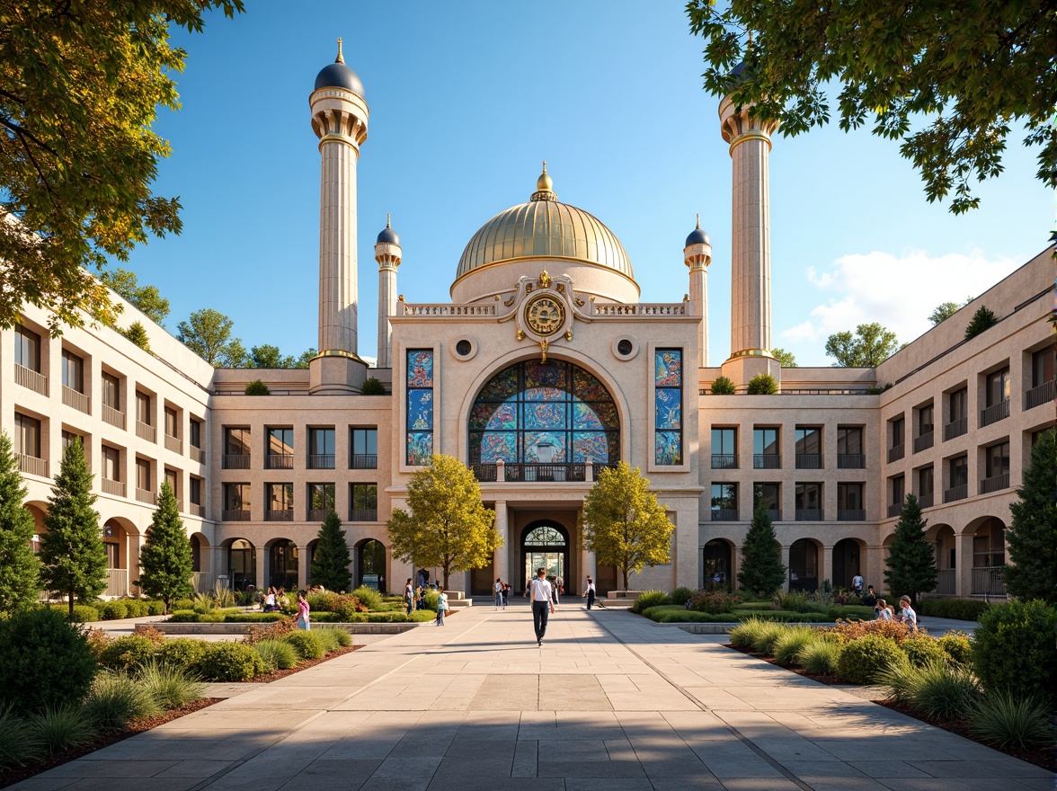 Prompt: Majestic high school building, Byzantine-inspired architecture, grand arched entranceways, ornate stone carvings, intricate mosaic patterns, golden domes, vibrant stained glass windows, richly colored ceramic tiles, ornamental metalwork, symmetrical facades, imposing clock towers, sprawling courtyard, lush greenery, sun-drenched atmosphere, warm soft lighting, shallow depth of field, 3/4 composition, panoramic view, realistic textures, ambient occlusion.