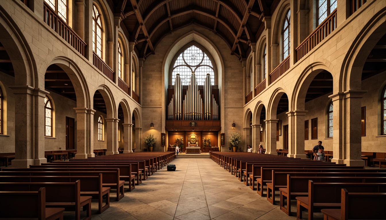 Prompt: Elegant church facade, rustic stone walls, ornate gothic arches, grandiose entrance doors, stained glass windows, intricate masonry patterns, warm earthy tones, natural stone flooring, vaulted ceilings, dramatic lighting effects, soft diffused light, ambient shadows, rich wood accents, luxurious velvet textiles, majestic organ pipes, serene worship spaces, peaceful atmosphere, subtle color palette, classical architectural style, symmetrical composition, ornate details, historic preservation, traditional craftsmanship.