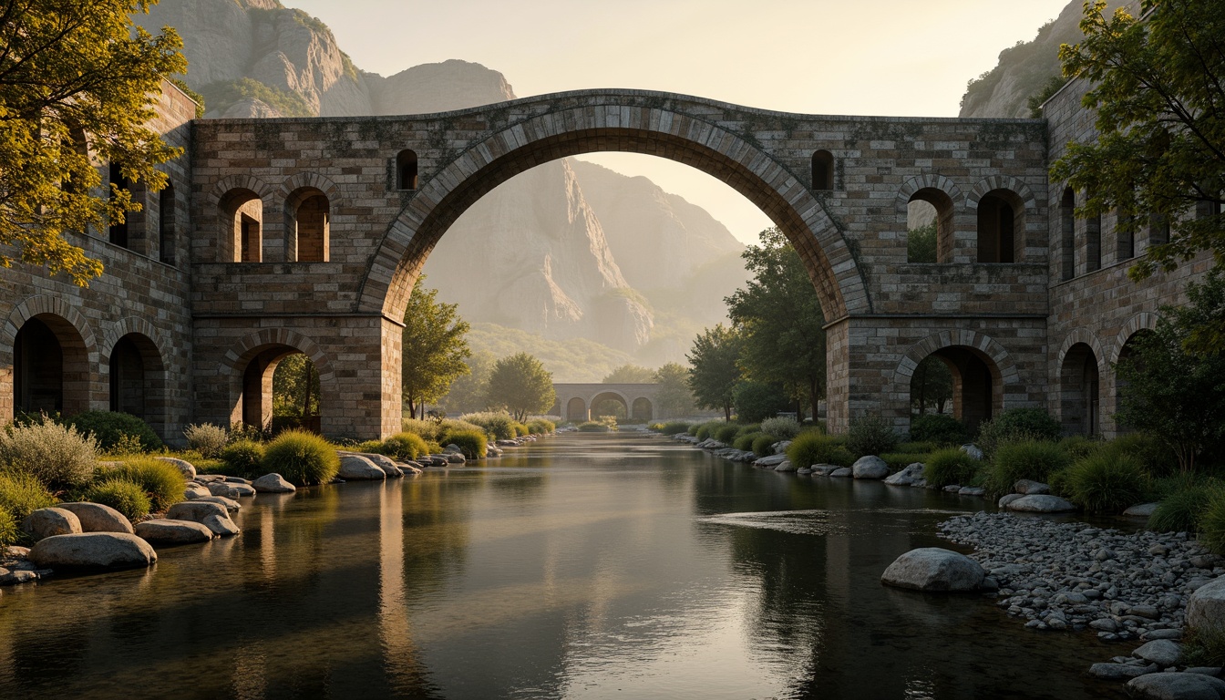 Prompt: Ancient Romanesque bridge, rugged stone walls, ornate arches, rustic wooden beams, intricate carvings, majestic river views, serene natural surroundings, misty morning atmosphere, warm golden lighting, shallow depth of field, 2/3 composition, symmetrical framing, realistic textures, ambient occlusion, weathered stone surfaces, moss-covered stonework, verdant vegetation, gentle water flow.