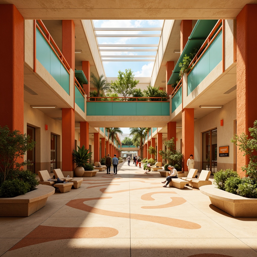 Prompt: Vibrant desert metro station, warm beige walls, sandy dunes-inspired flooring, turquoise accents, cactus-green railings, burnt orange signage, terracotta-red columns, natural stone benches, modern minimalist architecture, large skylights, warm sunny lighting, shallow depth of field, 3/4 composition, panoramic view, realistic textures, ambient occlusion.