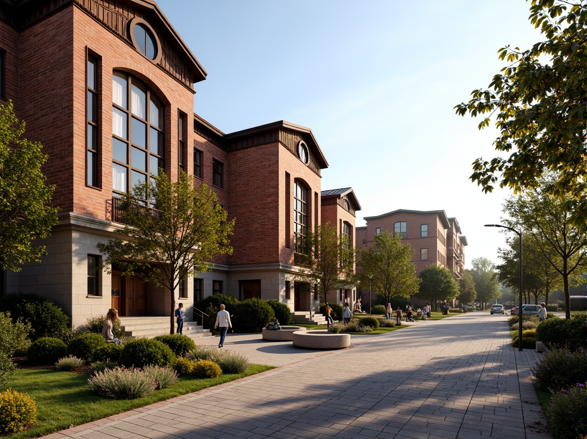 Prompt: Rustic high school building, traditional brick facade, ornate architectural details, arched windows, decorative cornices, historic charm, earthy tone color palette, sturdy columns, weathered brick textures, natural stone pathways, lush greenery surroundings, blooming trees, sunny afternoon light, soft warm shadows, 3/4 composition, realistic rendering, ambient occlusion.