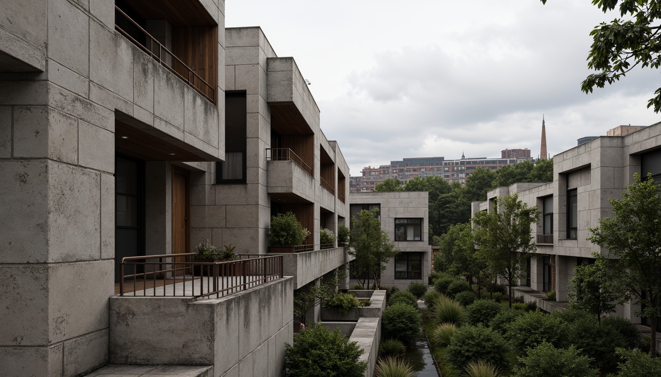 Prompt: Rough-hewn concrete walls, rugged stone facades, brutalist residential complex, industrial-style metal railings, weathered wooden accents, earthy tone color palette, minimalist decor, functional simplicity, urban cityscape, dense forest surroundings, overcast sky, dramatic shadows, high-contrast lighting, 1/2 composition, close-up shots, gritty realistic textures, ambient occlusion.