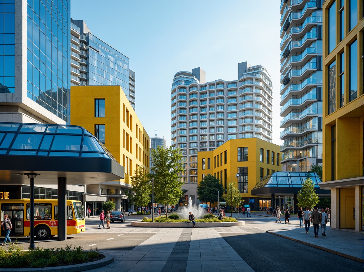 Prompt: Vibrant bus station, modern architecture, bold color scheme, bright yellow accents, deep blue tones, sleek metal structures, glass roofs, urban landscape, cityscape views, morning sunlight, soft warm lighting, shallow depth of field, 3/4 composition, realistic textures, ambient occlusion.