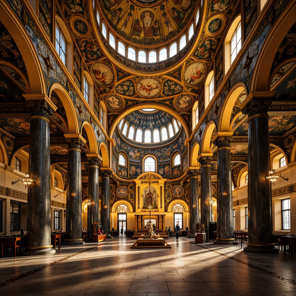 Prompt: Golden Orthodox church, intricate mosaics, shimmering tesserae, vibrant colors, Byzantine architectural style, ornate domes, grand arches, marble columns, lavish decorations, gilded accents, rich textures, dramatic lighting, warm ambiance, mysterious atmosphere, subtle shading, high contrast, 3/4 composition, symmetrical arrangement, realistic reflections, ambient occlusion.