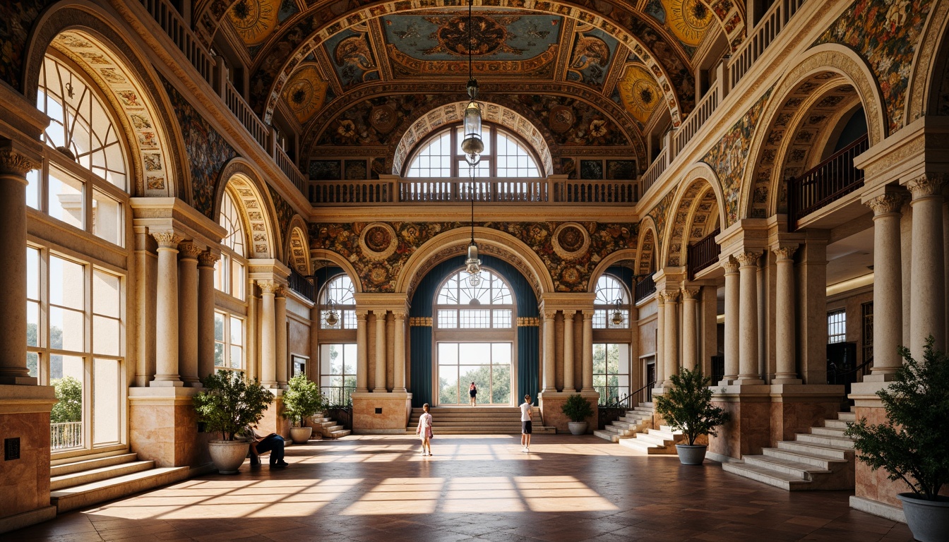 Prompt: Majestic high school building, Byzantine-inspired architecture, grand arches, ornate carvings, golden domes, vibrant mosaics, intricate stone patterns, richly textured walls, ornamental columns, grand entranceways, sweeping staircases, majestic halls, warm natural light, soft shadows, 3/4 composition, symmetrical framing, realistic textures, ambient occlusion.