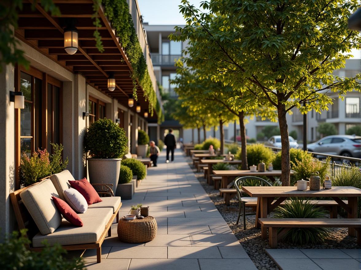 Prompt: Cozy coffee shop patio, rustic wooden benches, plush cushions, vintage metal chairs, reclaimed wood tables, lush greenery, vibrant flowers, natural stone flooring, modern lanterns, warm string lights, sunny afternoon, soft warm lighting, shallow depth of field, 3/4 composition, realistic textures, ambient occlusion.