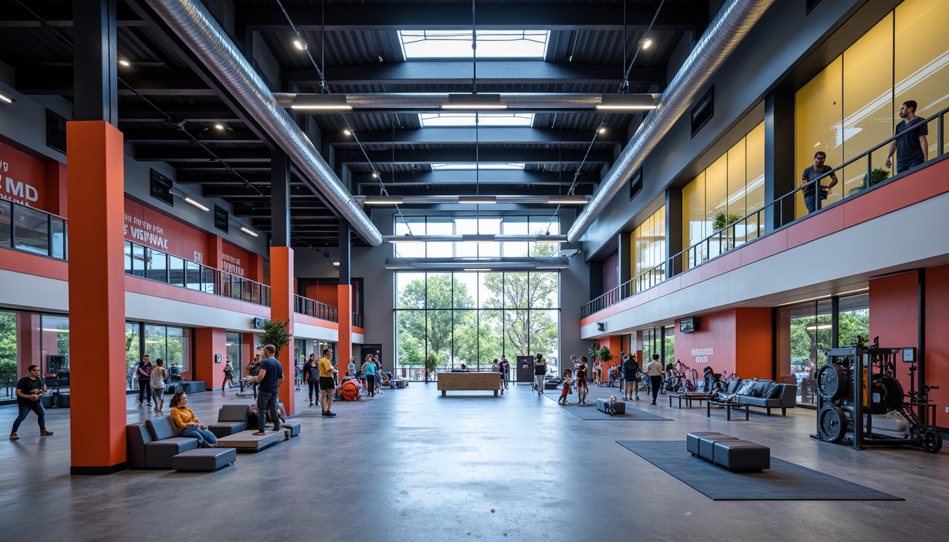 Prompt: Modern gymnasium interior, high ceilings, exposed ductwork, polished concrete floors, mirrored walls, state-of-the-art sports equipment, vibrant color schemes, dynamic LED lighting, suspended track lights, natural daylight, clerestory windows, transparent glass partitions, minimalist seating areas, athletic-inspired decorative elements, motivational quotes, energetic atmosphere, shallow depth of field, 1/2 composition, realistic textures, ambient occlusion.