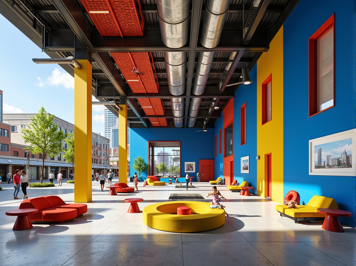 Prompt: Vibrant youth center, bold geometric shapes, primary color accents, bright blue walls, yellow and red details, industrial metal beams, exposed ductwork, polished concrete floors, modern minimalist furniture, dynamic lighting installations, urban cityscape views, bustling street activity, warm sunny day, shallow depth of field, 1/1 composition, high contrast colors, graphic textures, futuristic ambiance.