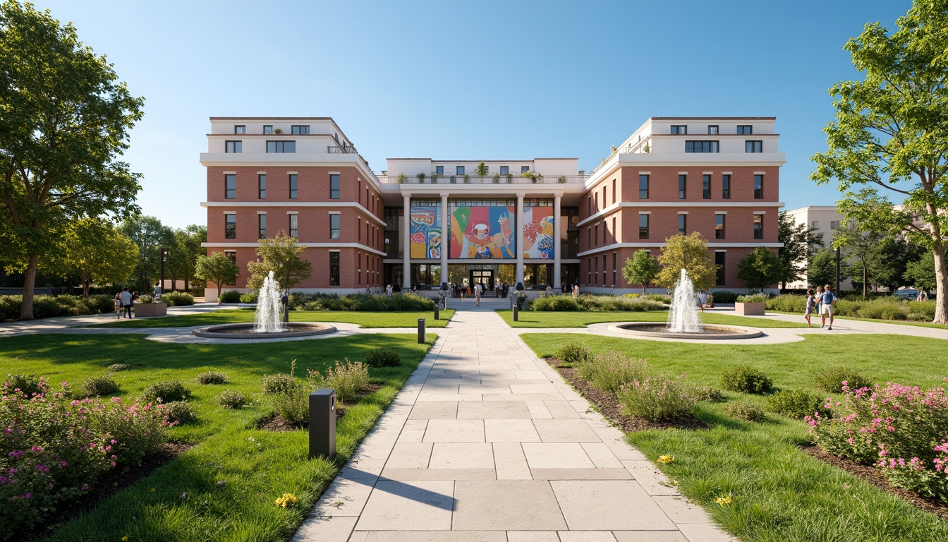 Prompt: Manicured lawn, ornate fountains, symmetrical walkways, majestic courthouse building, postmodernist architecture, bold geometric shapes, vibrant colorful murals, abstract sculptures, lush greenery, blooming flowers, mature trees, rustic stone walls, modern streetlights, warm sunny day, soft natural lighting, shallow depth of field, 1/1 composition, realistic textures, ambient occlusion.