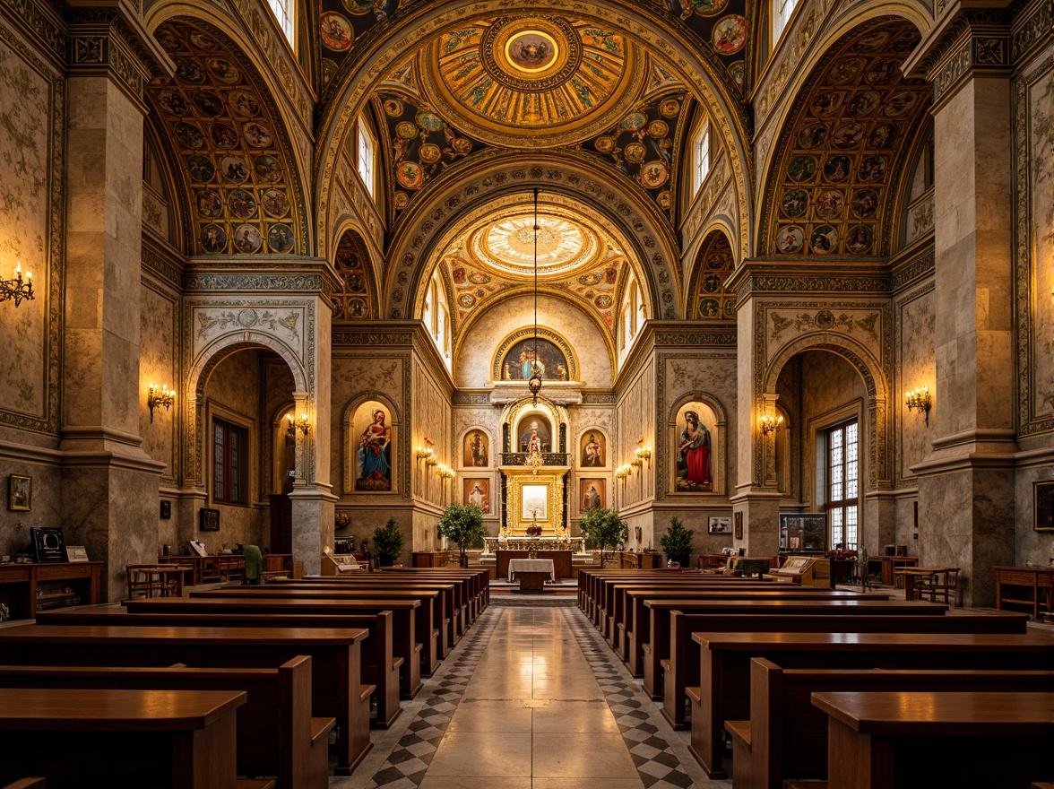 Prompt: Byzantine-style church interior, ornate golden mosaics, intricate stone patterns, vibrant glass tiles, biblical scenes, apostle portraits, Virgin Mary depictions, lavish altar designs, ornamental arches, domed ceilings, richly textured fabrics, warm candlelight, soft shadows, high contrast, detailed textures, realistic reflections, 1/2 composition, symmetrical framing.