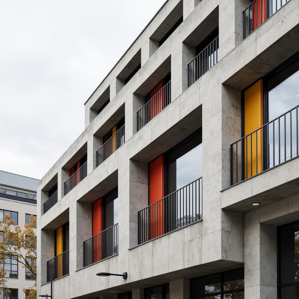 Prompt: Geometric building facade, rectangular windows, minimalist ornamentation, functional simplicity, industrial materials, exposed concrete walls, steel beams, cantilevered roofs, asymmetrical compositions, bold color blocking, primary color accents, abstract patterns, diagonal lines, staggered rhythms, modern urban context, cloudy day, soft diffused lighting, shallow depth of field, 2/3 composition, symmetrical framing, high-contrast textures, subtle ambient occlusion.