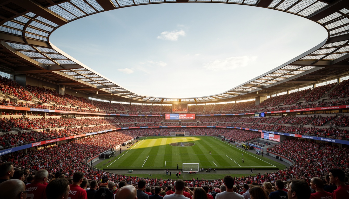 Prompt: Vibrant stadium atmosphere, bold team colors, bright LED lights, energetic crowd seating, dynamic sports equipment, modern architecture, sleek metal structures, transparent roofs, sunlit afternoon, warm golden lighting, shallow depth of field, 2/3 composition, wide-angle view, realistic textures, ambient occlusion.