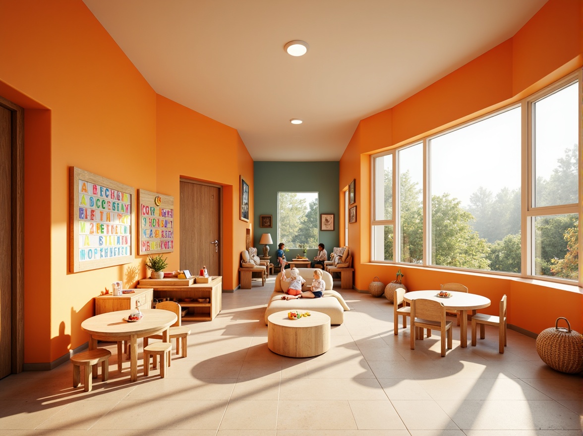 Prompt: Vibrant kindergarten interior, warm orange walls, playful rounded corners, soft beige floors, colorful educational toys, wooden blocks, alphabet charts, circular tables, tiny chairs, creative art stations, inspirational quotes, natural light pouring through large windows, airy atmosphere, shallow depth of field, 1/1 composition, realistic textures, ambient occlusion.