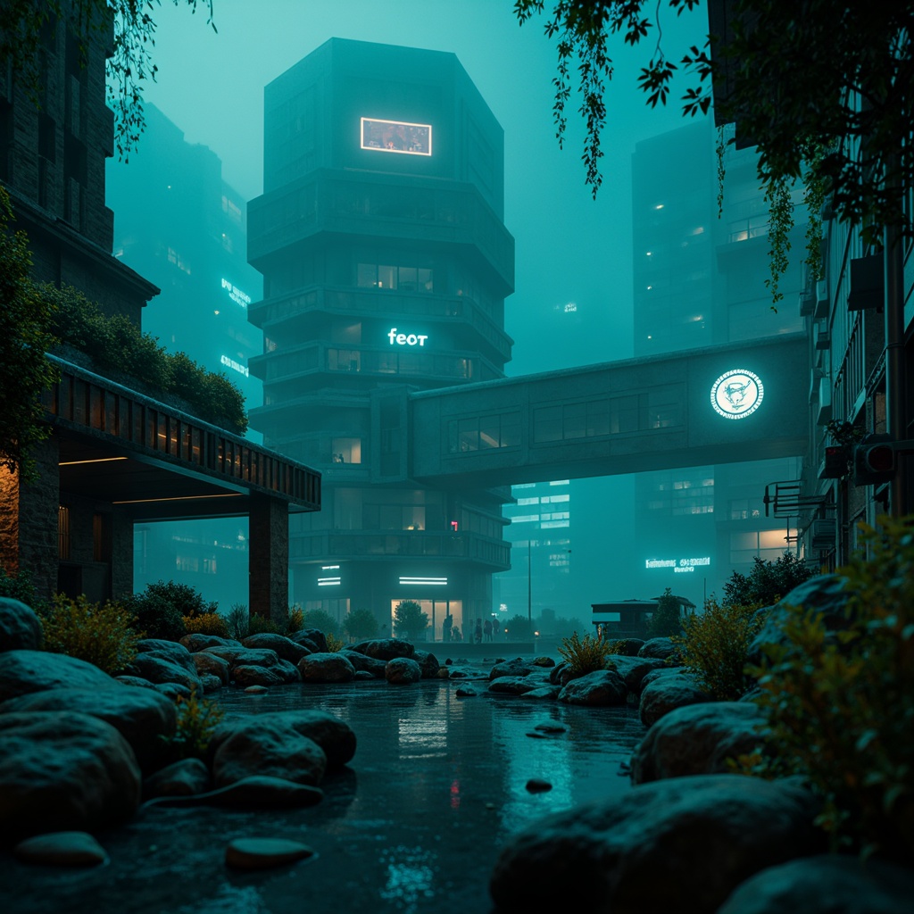 Prompt: Dark cyan mysterious ambiance, eerie underwater atmosphere, glowing bioluminescent accents, metallic robotic details, neon-lit cityscape, futuristic architectural design, sleek high-tech surfaces, holographic displays, cyberpunk-inspired motifs, intricate circuitry patterns, richly textured fabrics, luminous misty fog, shallow depth of field, 1/1 composition, soft focus, atmospheric lighting.