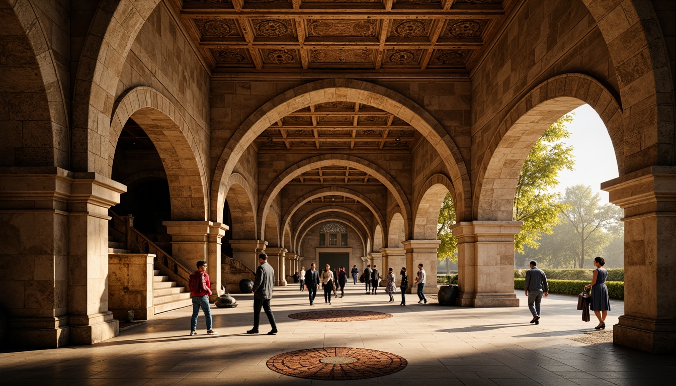 Prompt: Rustic metro station, Romanesque style architecture, stone masonry walls, arches, vaulted ceilings, ornate carvings, grand staircases, intricate tile work, warm golden lighting, rich textures, medieval-inspired design, sturdy columns, robust structures, earthy color palette, natural stone flooring, historic ambiance, busy urban atmosphere, morning rush hour, soft focus, shallow depth of field, 1/1 composition, realistic render.