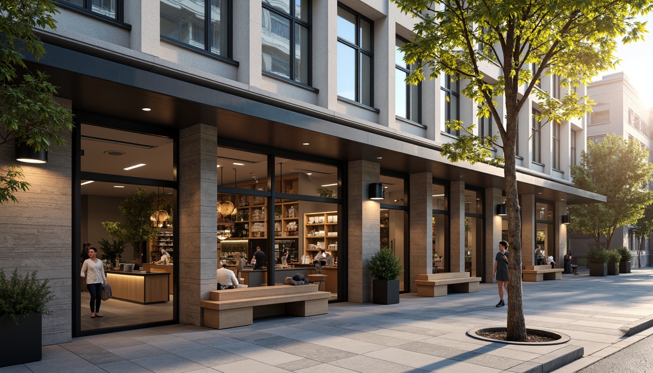 Prompt: Clean minimalist market facade, neutral color palette, industrial metal frames, large glass windows, wooden accents, natural stone walls, subtle LED lighting, shallow depth of field, 1/1 composition, symmetrical architecture, geometric patterns, urban cityscape, busy street scene, morning sunlight, soft warm glow, realistic textures, ambient occlusion.